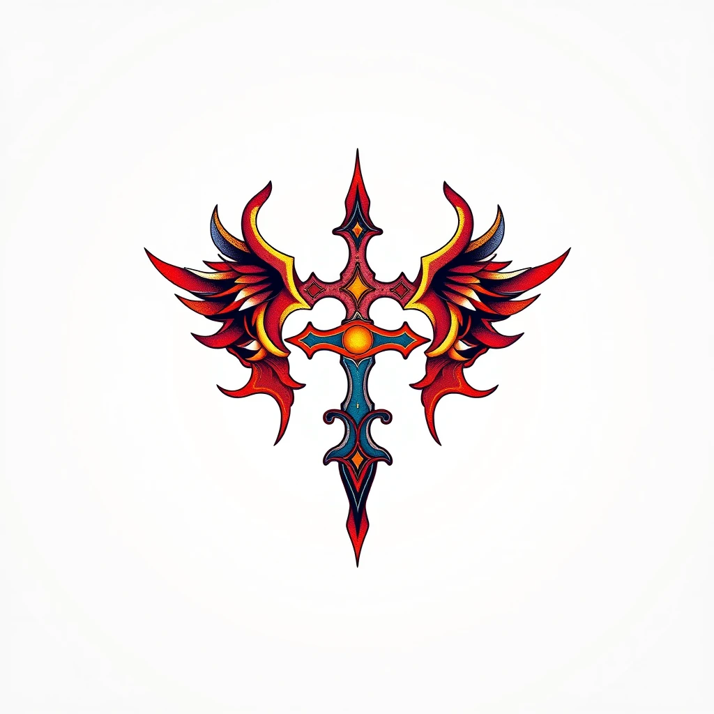 Colorful Crucible tattoo with wings design