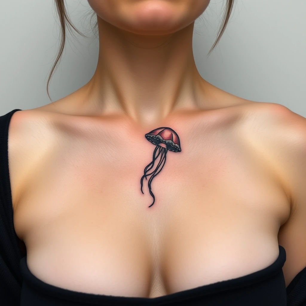 Colorful minimalist jellyfish tattoo on chest.