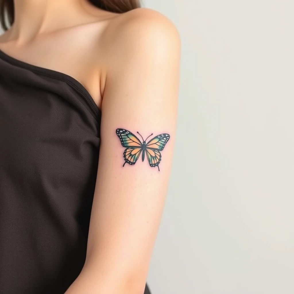 Colorful Minimalist butterfly tattoo on women's sleeve