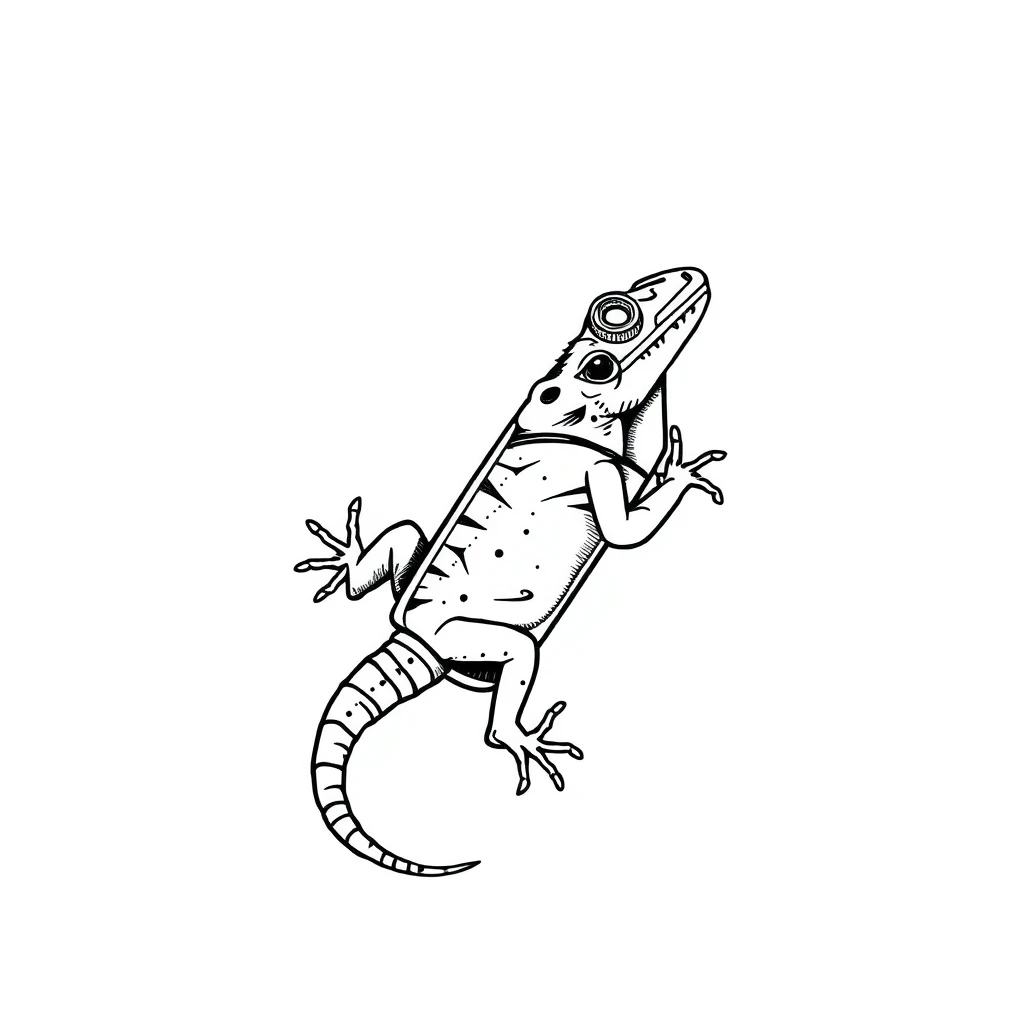 Tattoo of lizard with water bottle, minimalist style, black and white