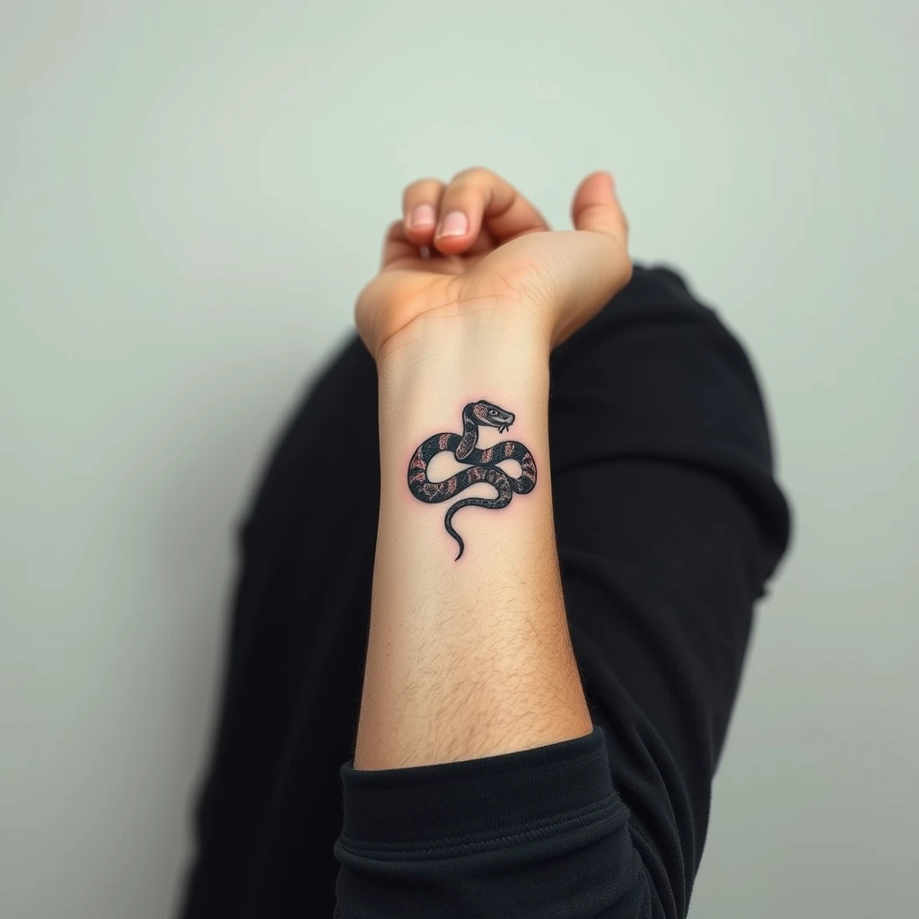 Colorful minimalist snake tattoo on wrist