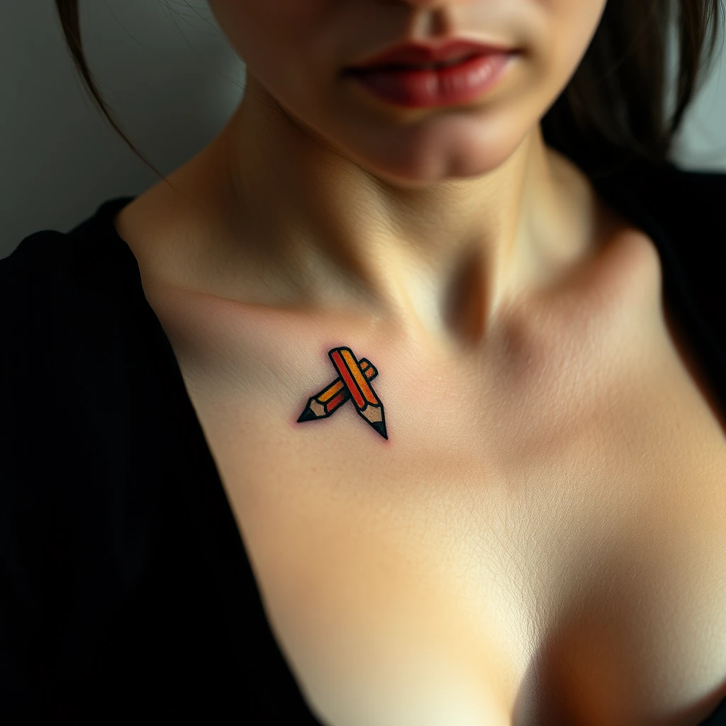 Colorful old-school pencil tattoo on woman's chest