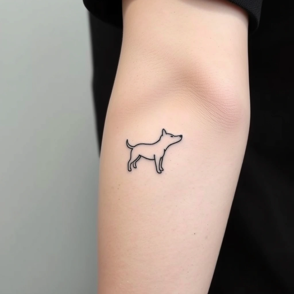 Tattoo of a tiny dog and butterfly, Minimalist, black and white, on women's arm