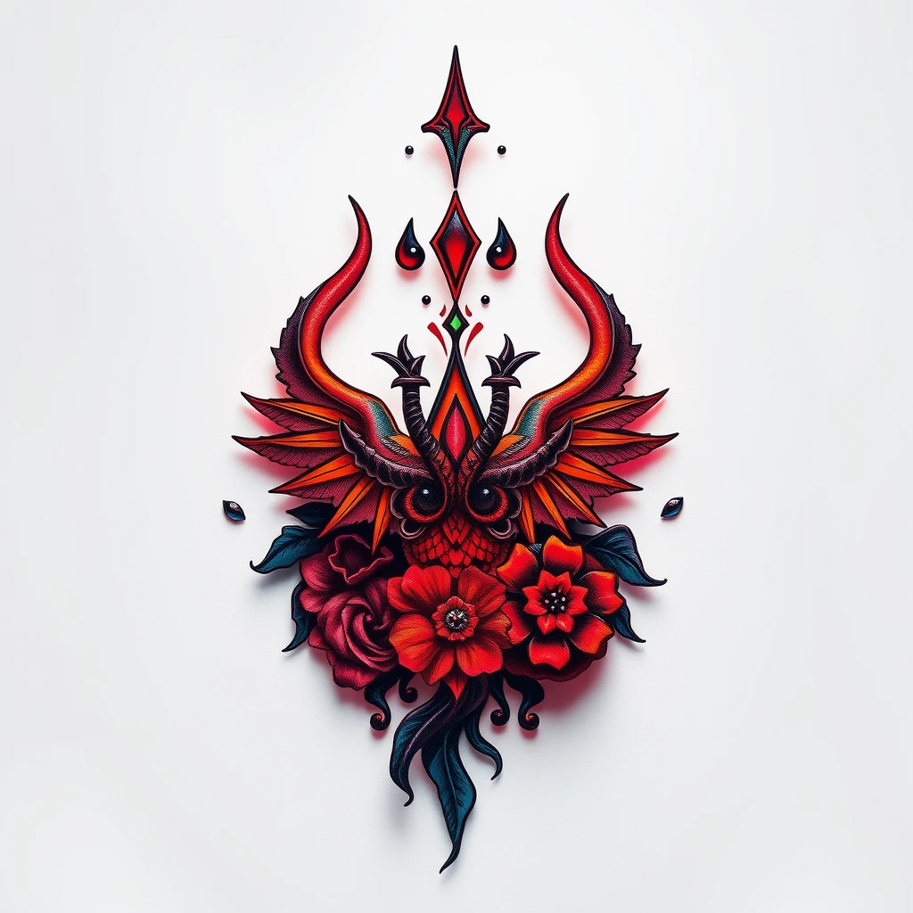 Somnolent tattoo with red flowers and wings