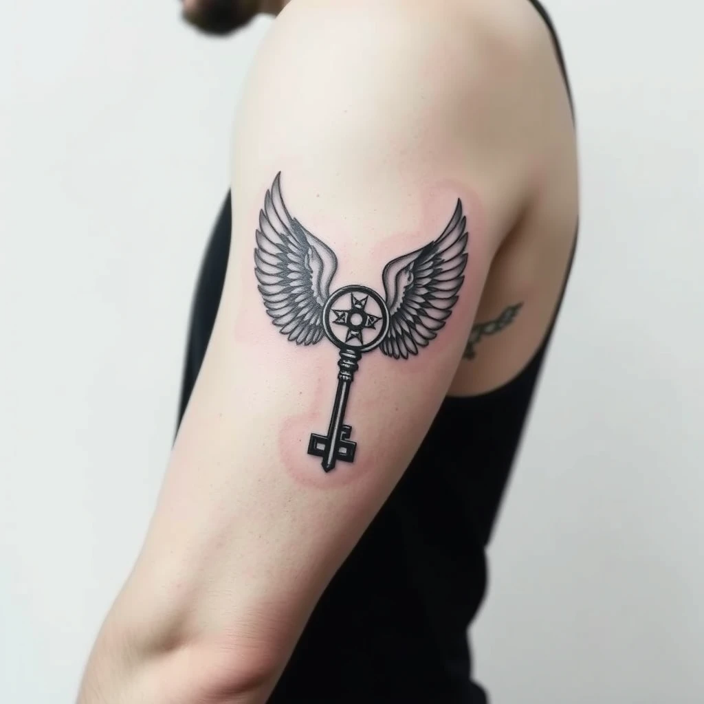 Winged key tattoo