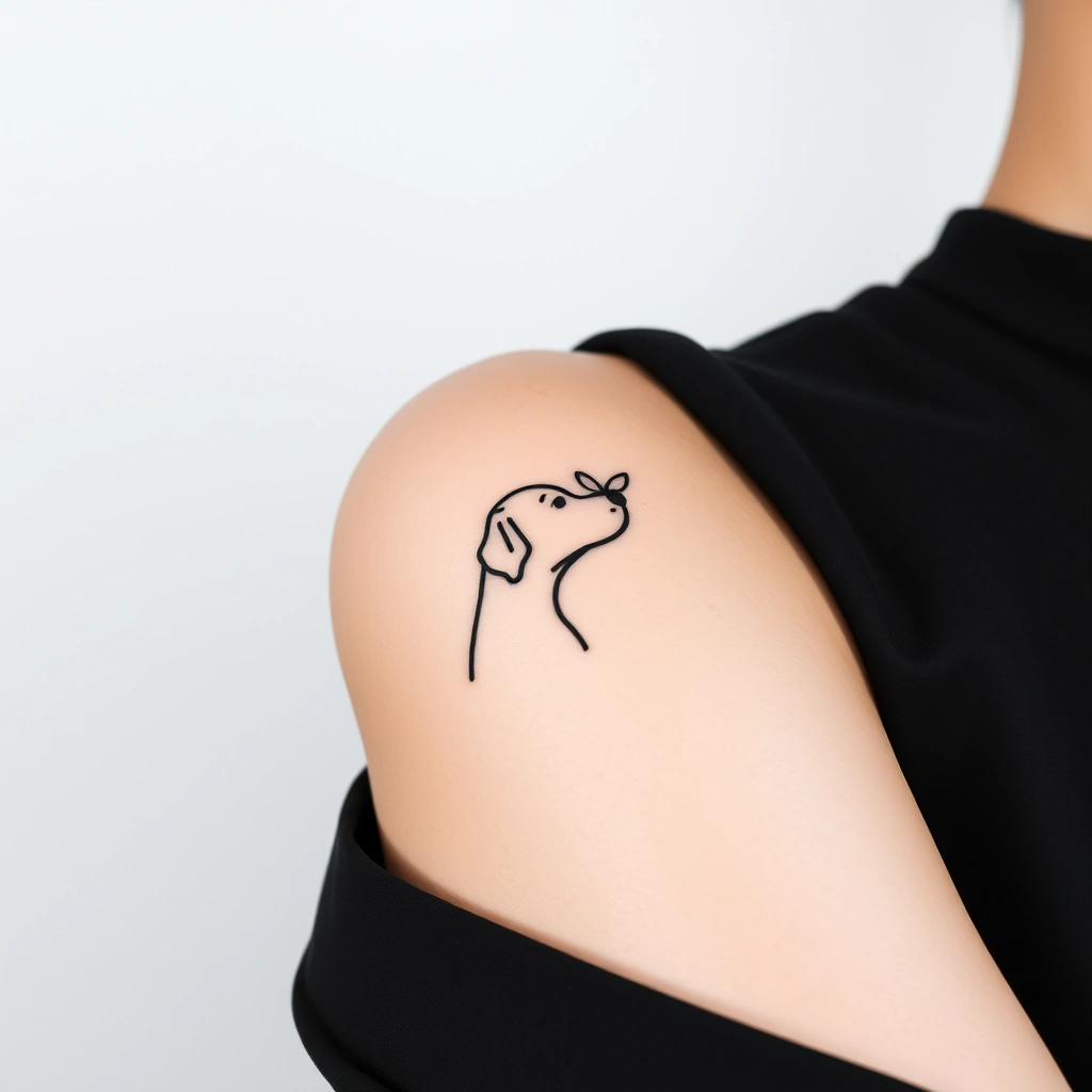 Tattoo of a minimalistic dog and butterfly, black and white, on woman's armpit.