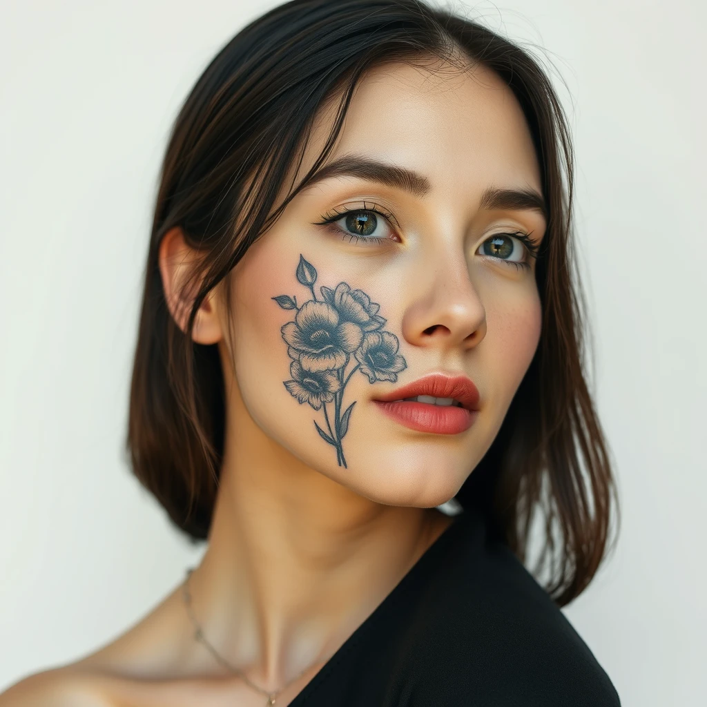 Tattoo of summer flowers, single-needle, black and white on women's face.