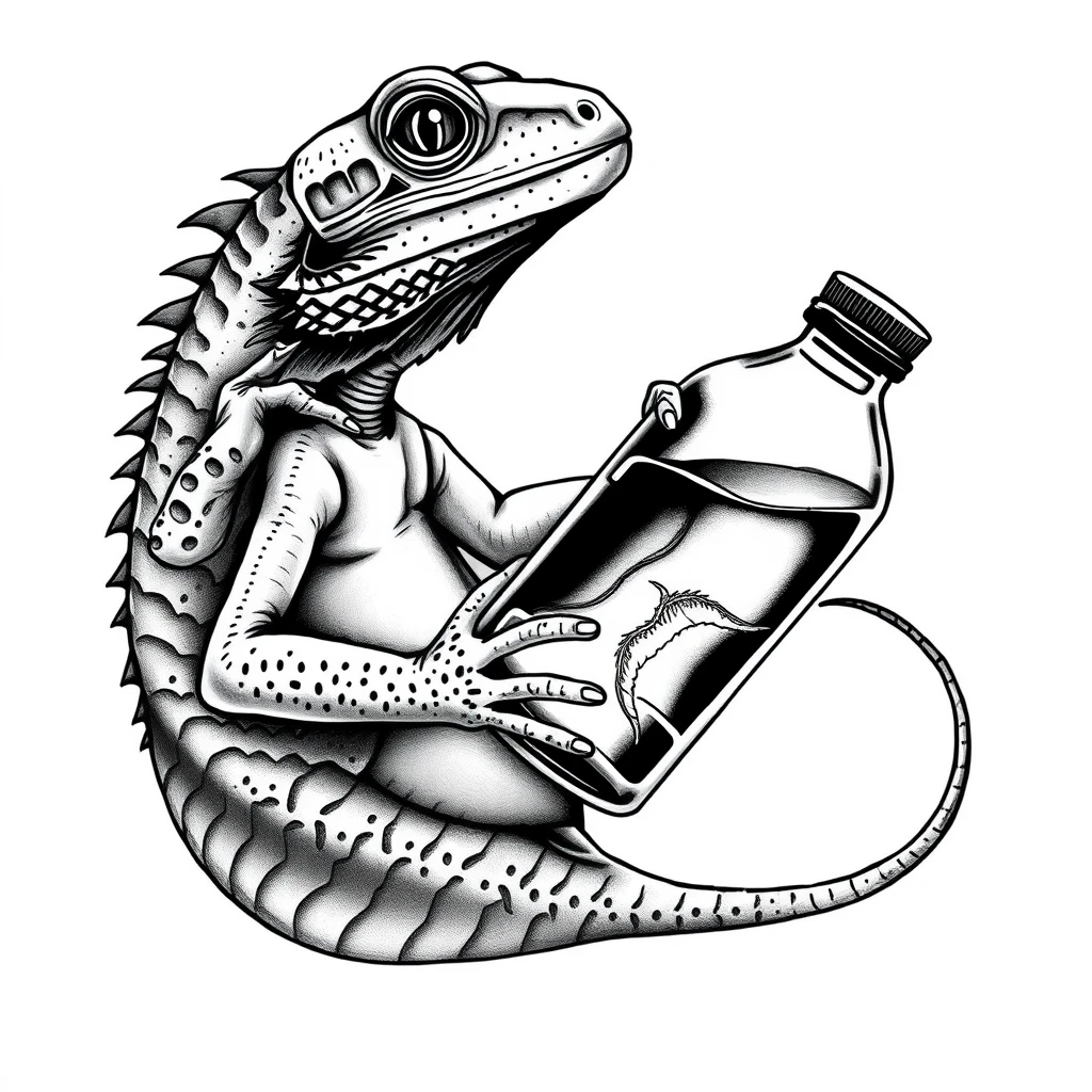 Tattoo of lizard holding water bottle in realistic black and white