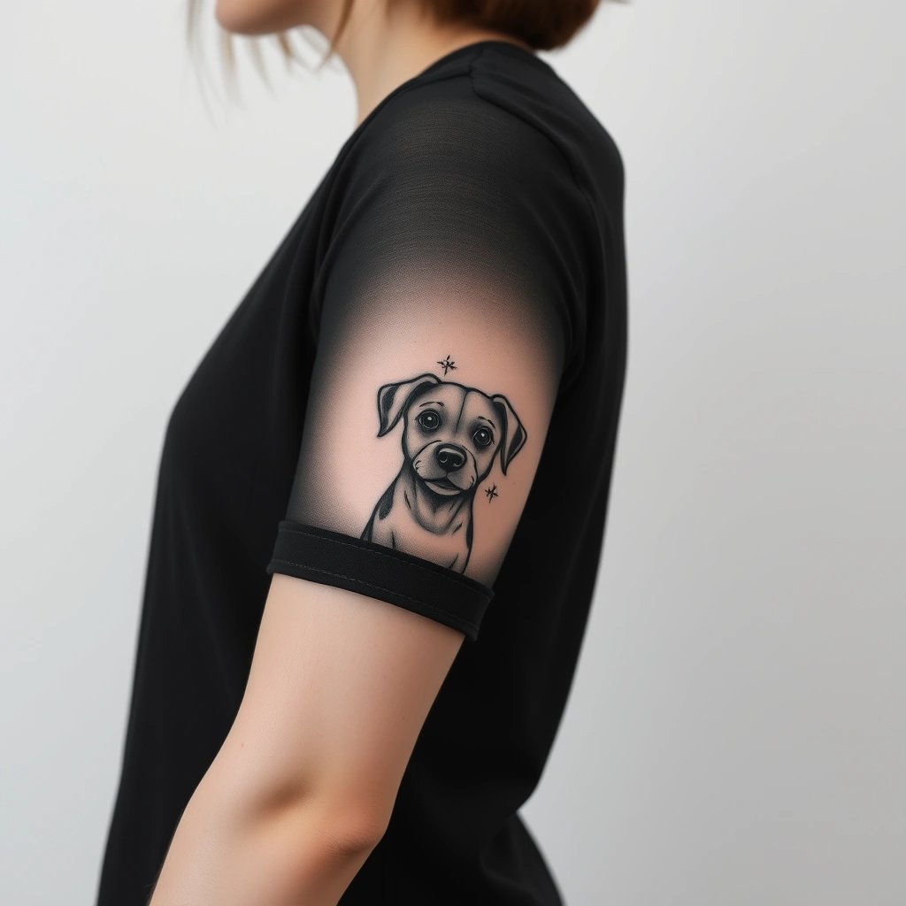 Minimalist cute dog tattoo in black and white on women's arm