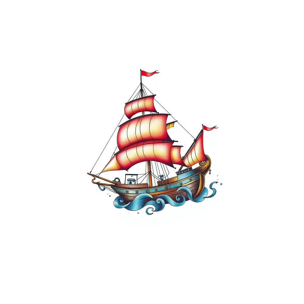 Colorful ship tattoo with detailed sails