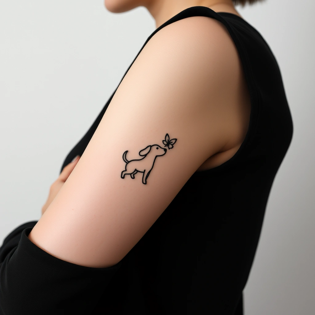 Minimalist black and white dog tattoo on women's arm