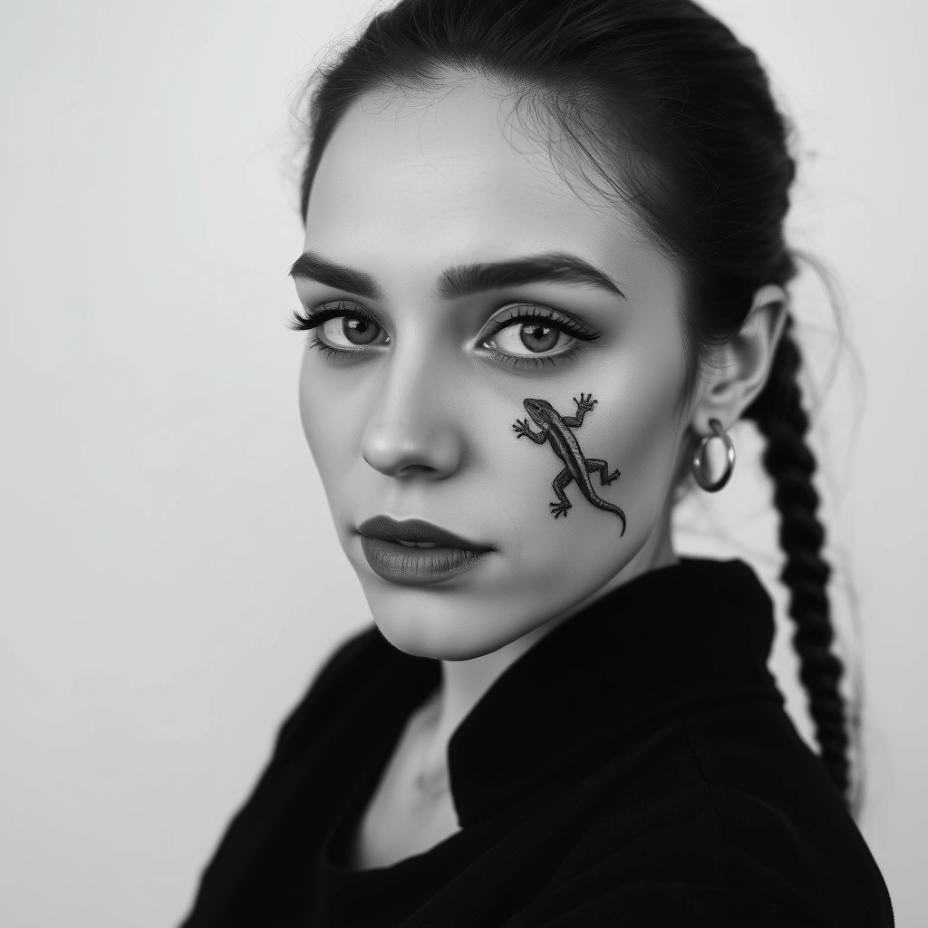 Minimalist black and white lizard with gun tattoo on women's face