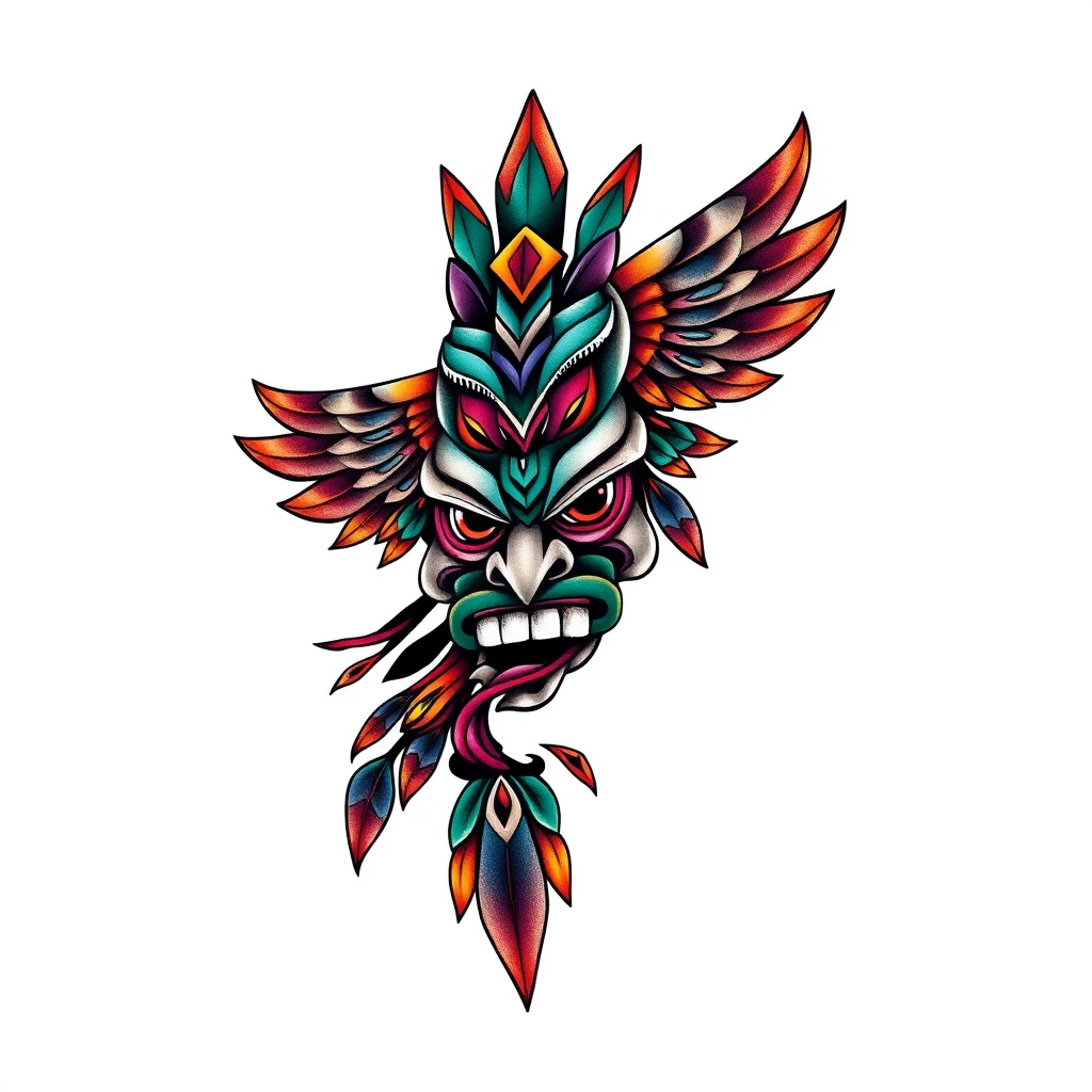 Colorful totem tattoo featuring a fierce face