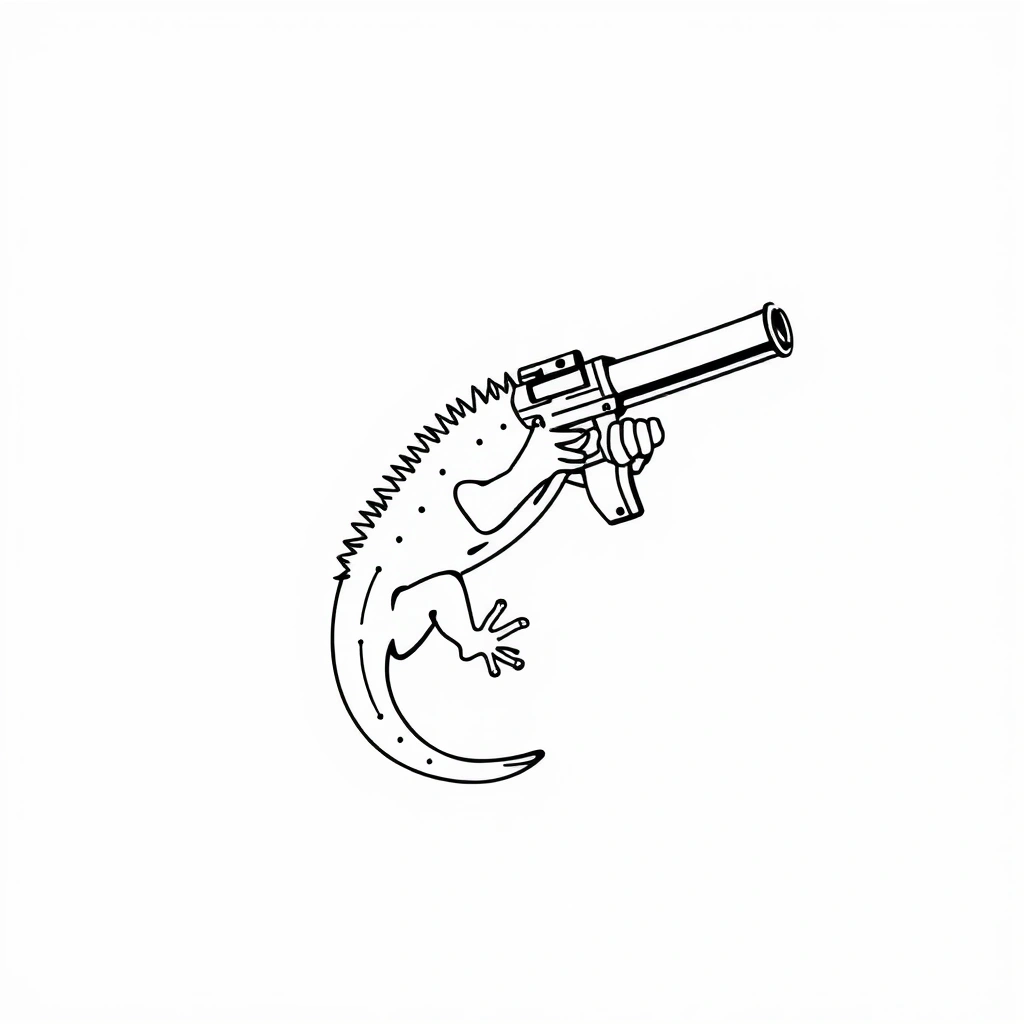 Tattoo of lizard with gun, Minimalist style, Black and white