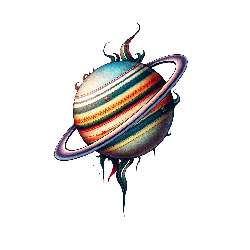 Colorful Uranus tattoo with artistic details.