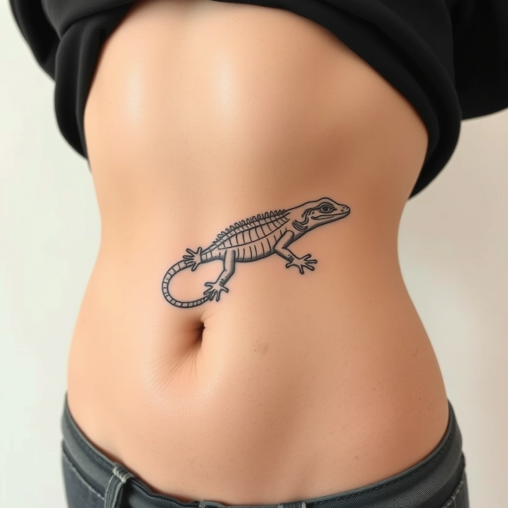 Tattoo of lizard with bazuka, Linework style, black and white, on women's underboob