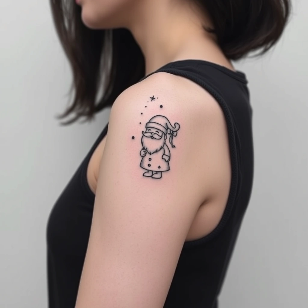 Minimalist black and white Santa tattoo on shoulder for women