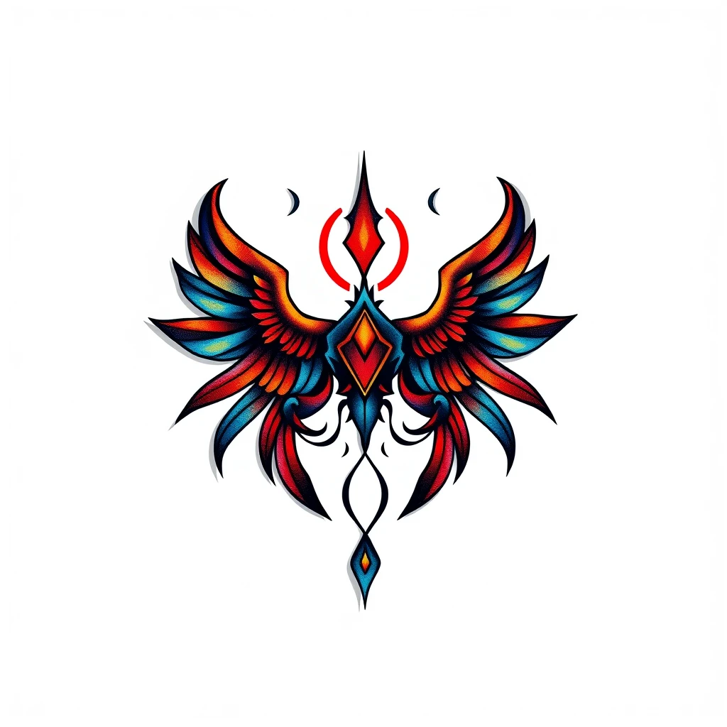 Heliacal tattoo featuring vibrant wings and shapes