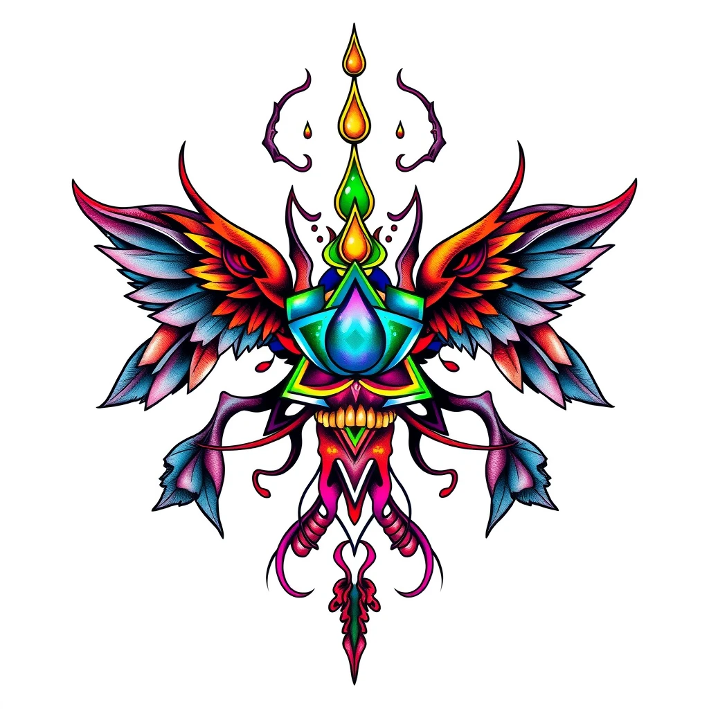 Colorful Entheogen tattoo with wings and symbolism