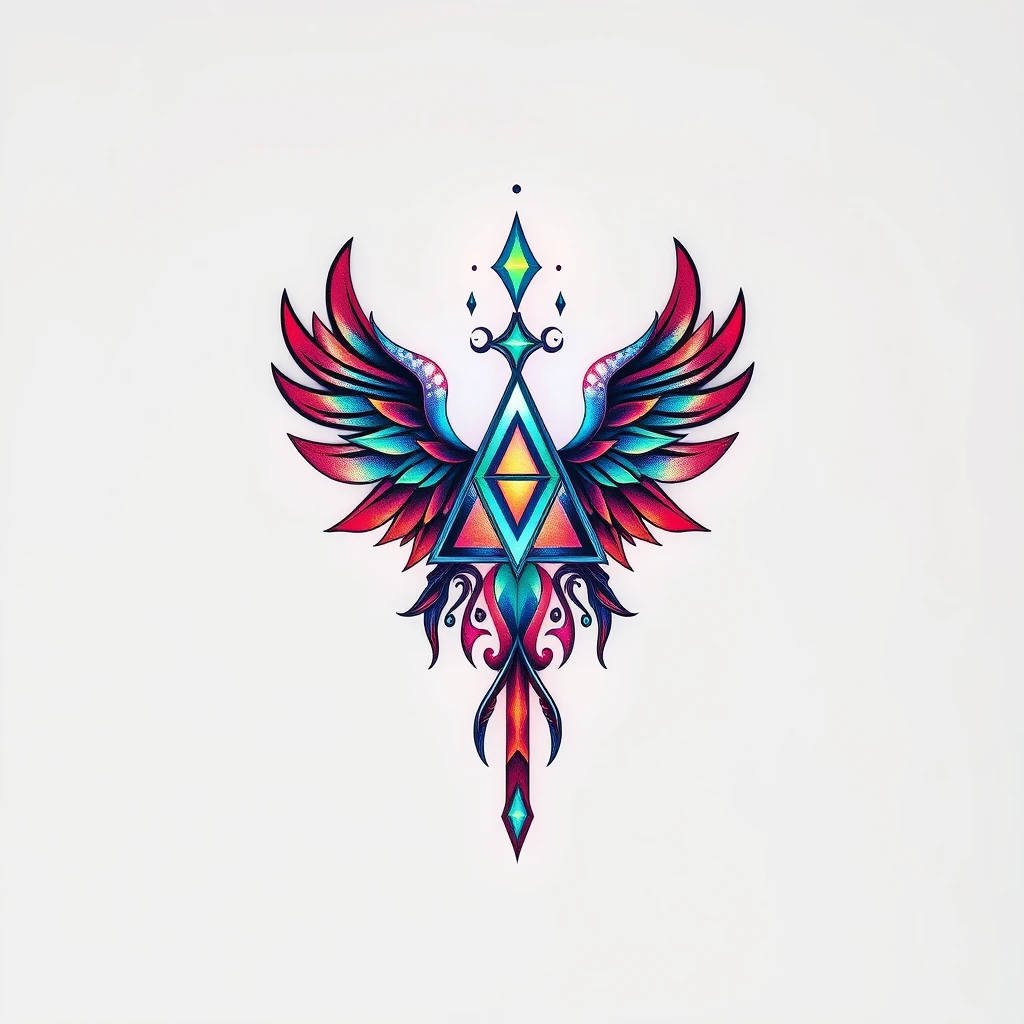 Vibrant Aether tattoo with wings and colors