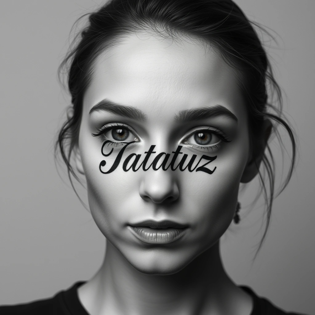 Tattoo 'Tatatuz' in realistic style, black and white on women's face