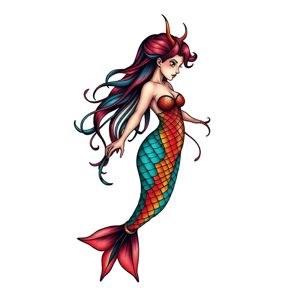 Colorful Naiad tattoo with flowing hair design