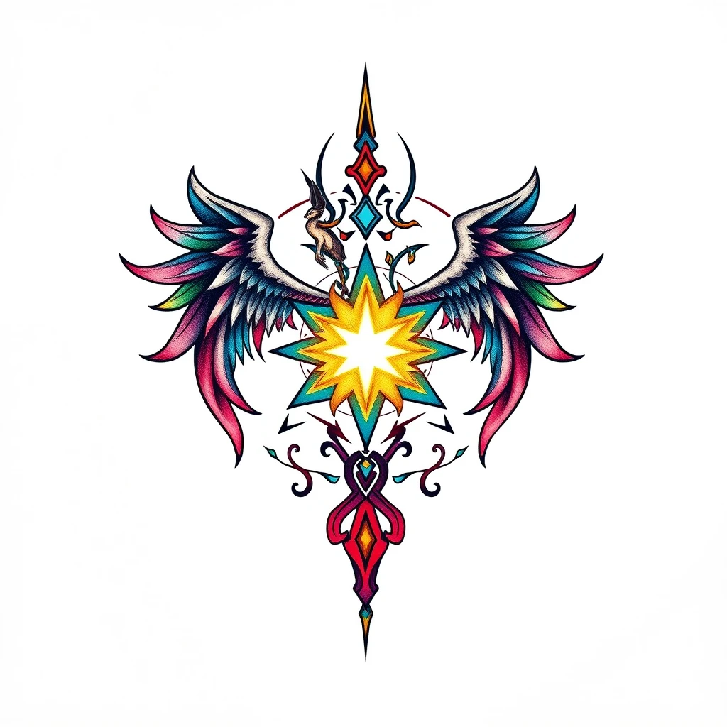 Colorful Equinox tattoo featuring wings and star