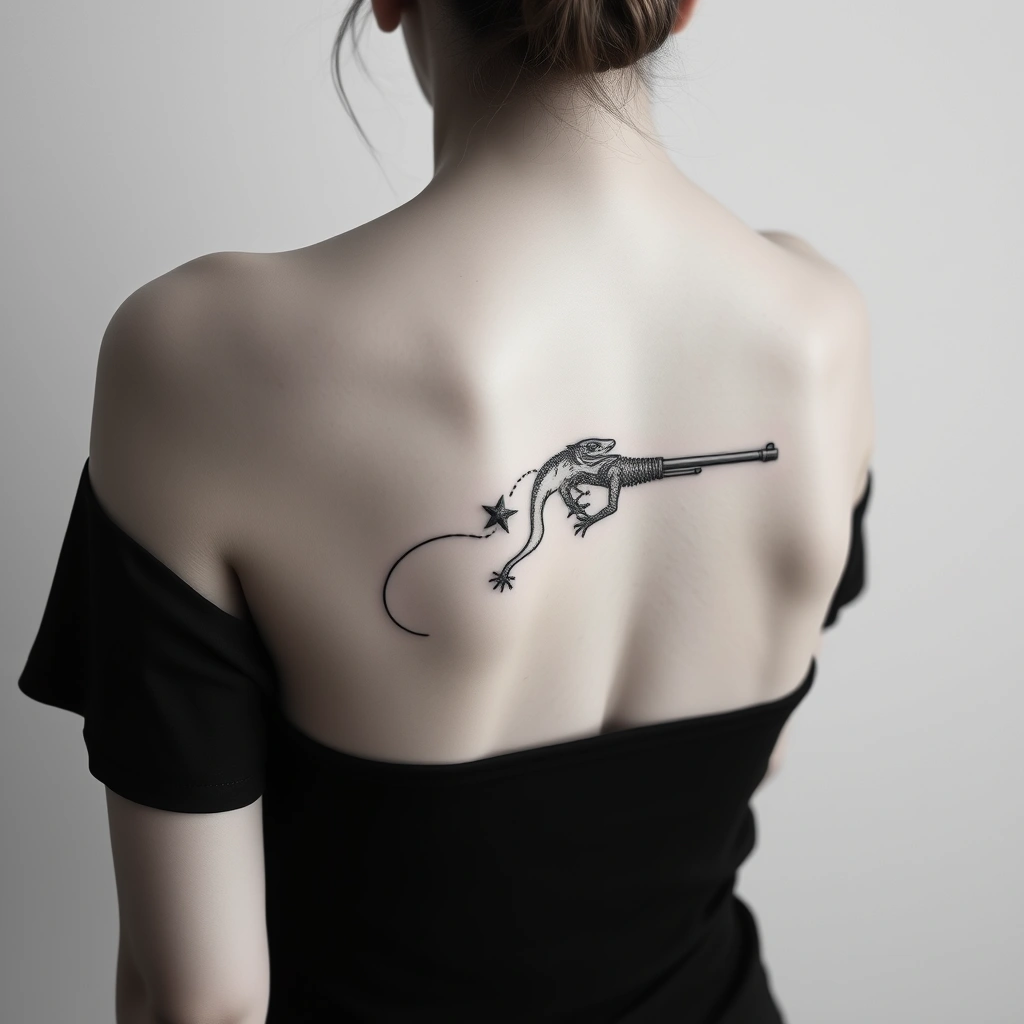 Minimalist black and white lizard with gun tattoo on women's back