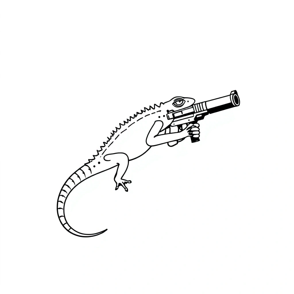 Tattoo of lizard with gun in minimalist style, black and white.