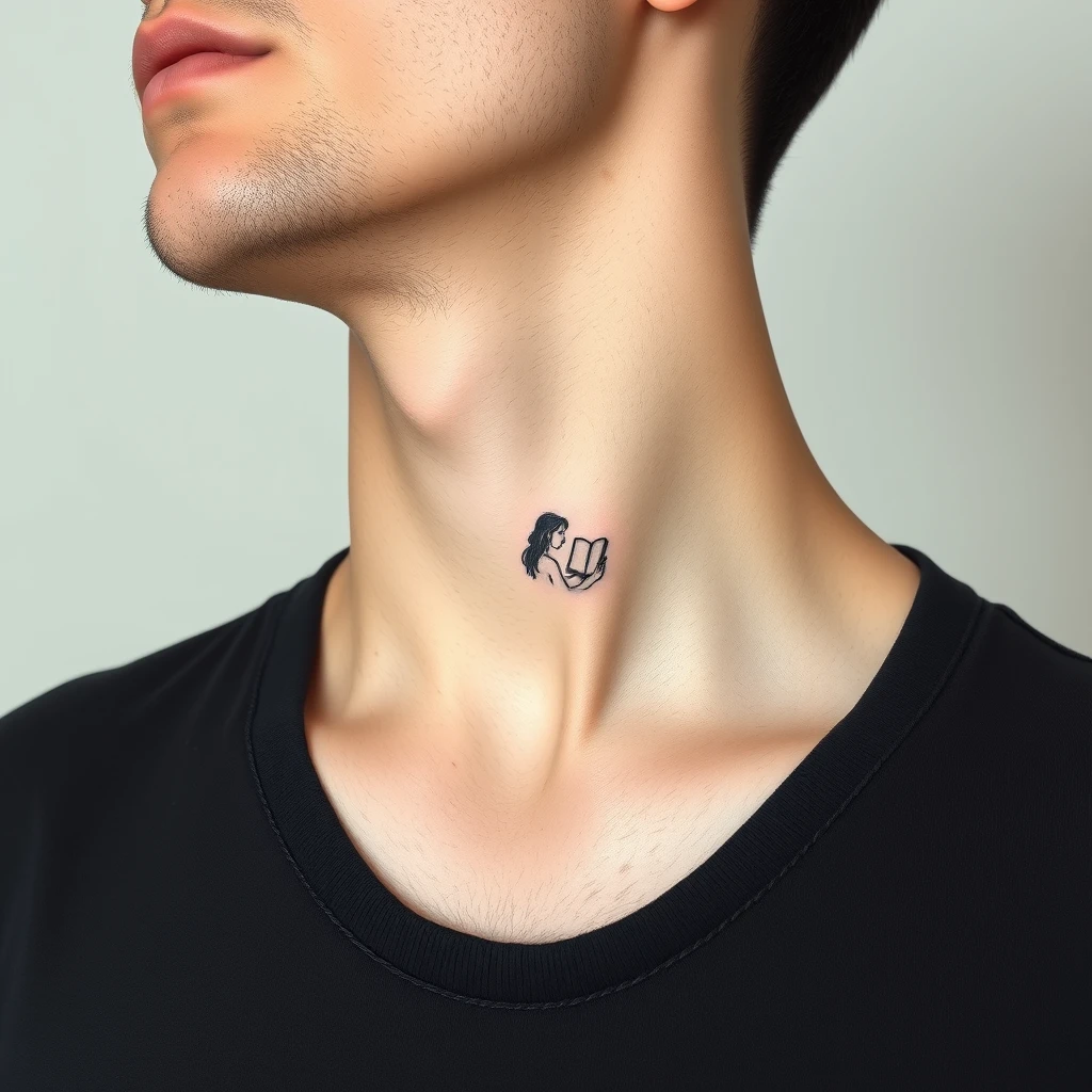 Tattoo of a woman holding a book, Minimalist style, black and white on collarbone for men.