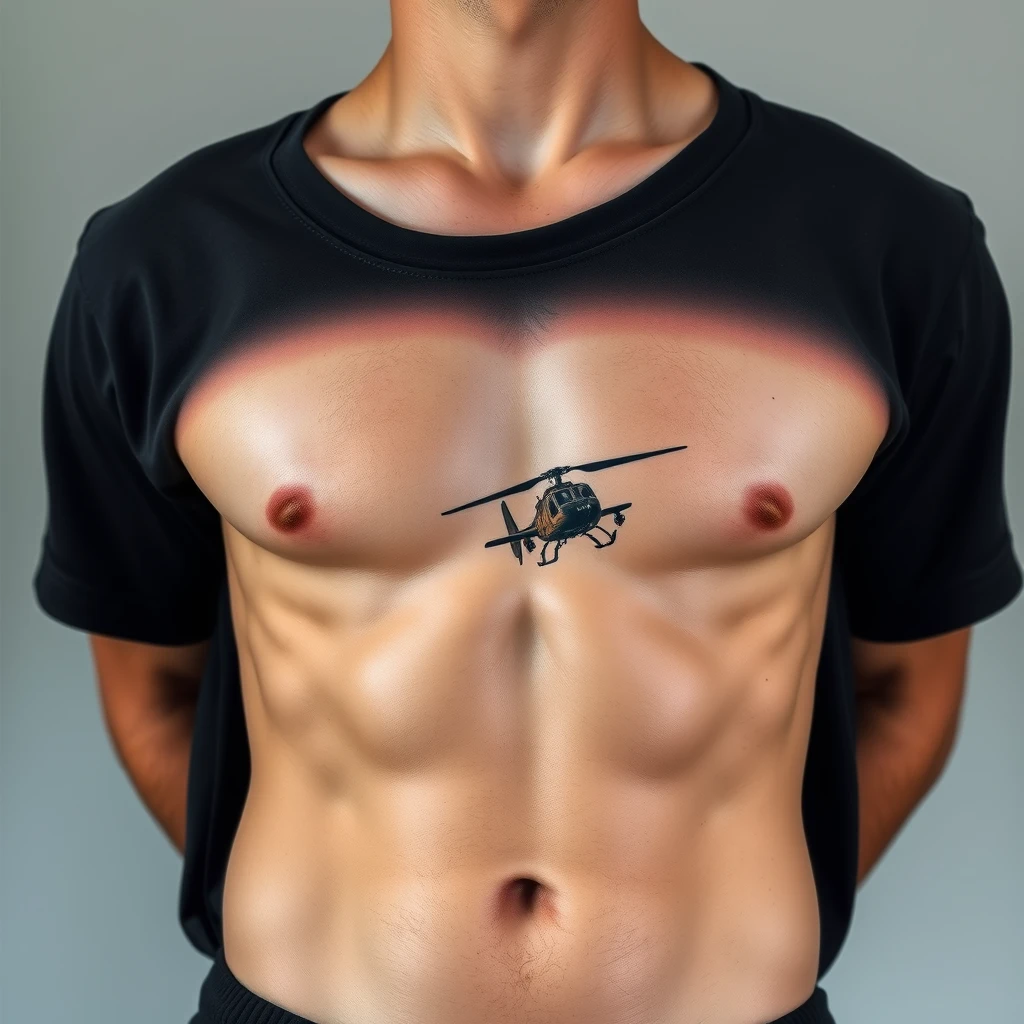 Colorful Minimalist helicopter tattoo on men's stomach