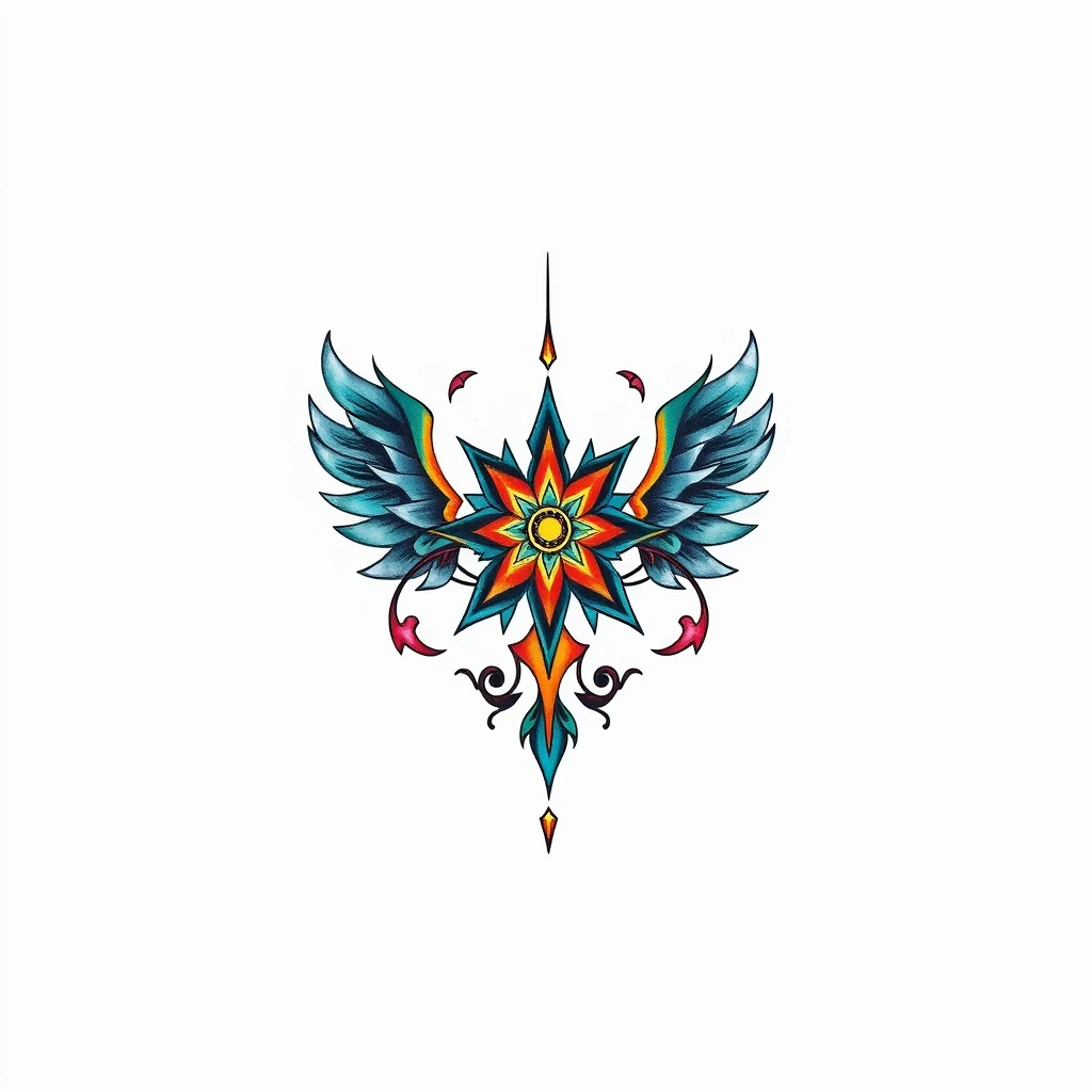 Colorful Elysium tattoo with winged design