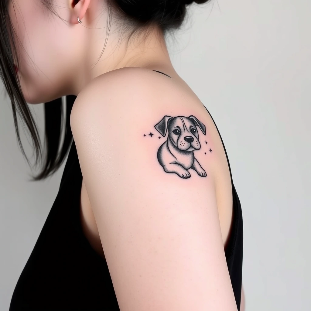 Cute dog tattoo, Minimalist black and white design for women behind the ear.