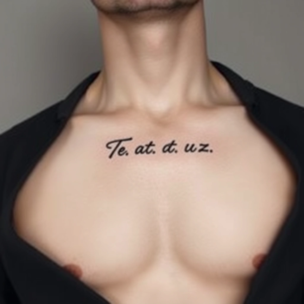 Tattoo 'T a t a t u z', Minimalist style, Black and white on men's chest.