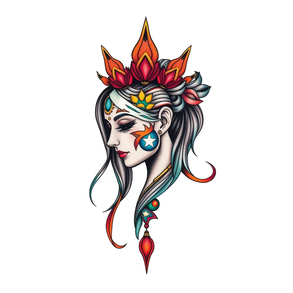 Colorful Mara tattoo featuring a stylized woman