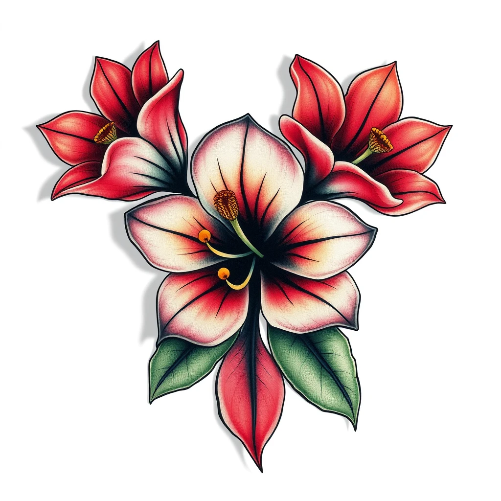 Colorful azalea tattoo with red and pink petals