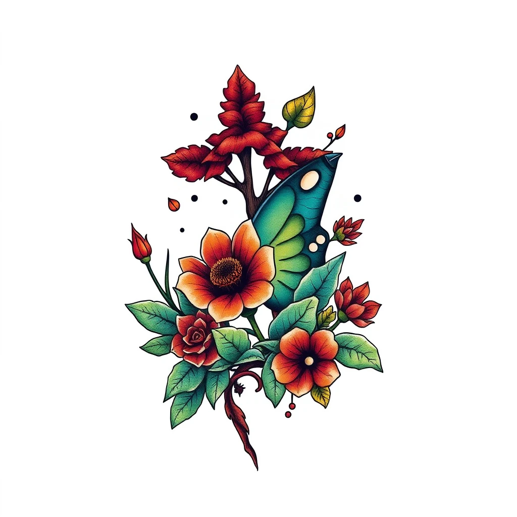 Colorful old-school nature tattoo design artwork