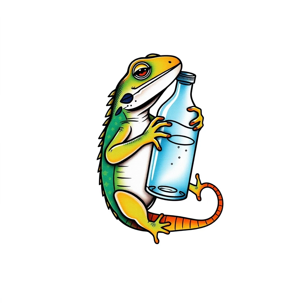 Tattoo of colorful minimalist lizard with bottle