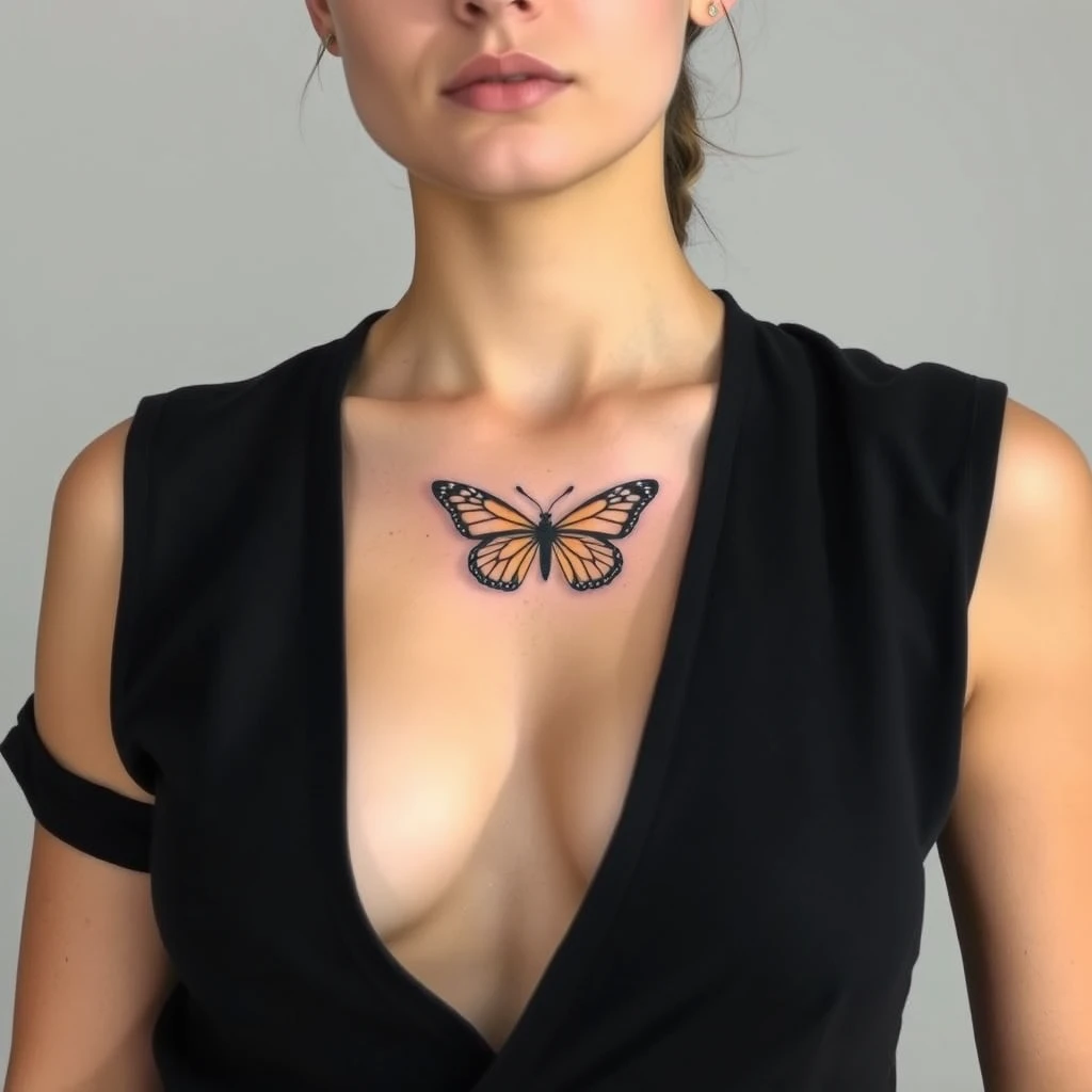 Colorful minimalist butterfly tattoo on women's chest