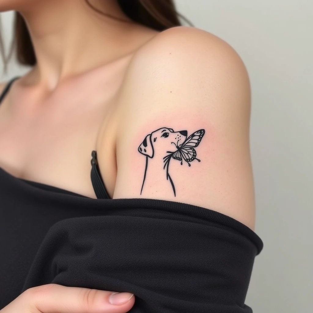 Tattoo of a minimalist dog and butterfly