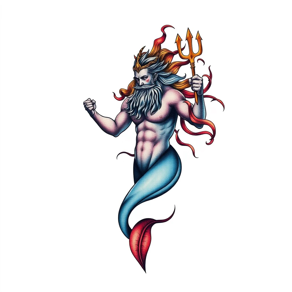 Colorful Poseidon tattoo with trident and beard.