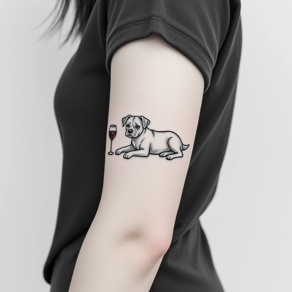 Tattoo of cute dog drinking wine, Minimalist, Black and white on Women's Arm