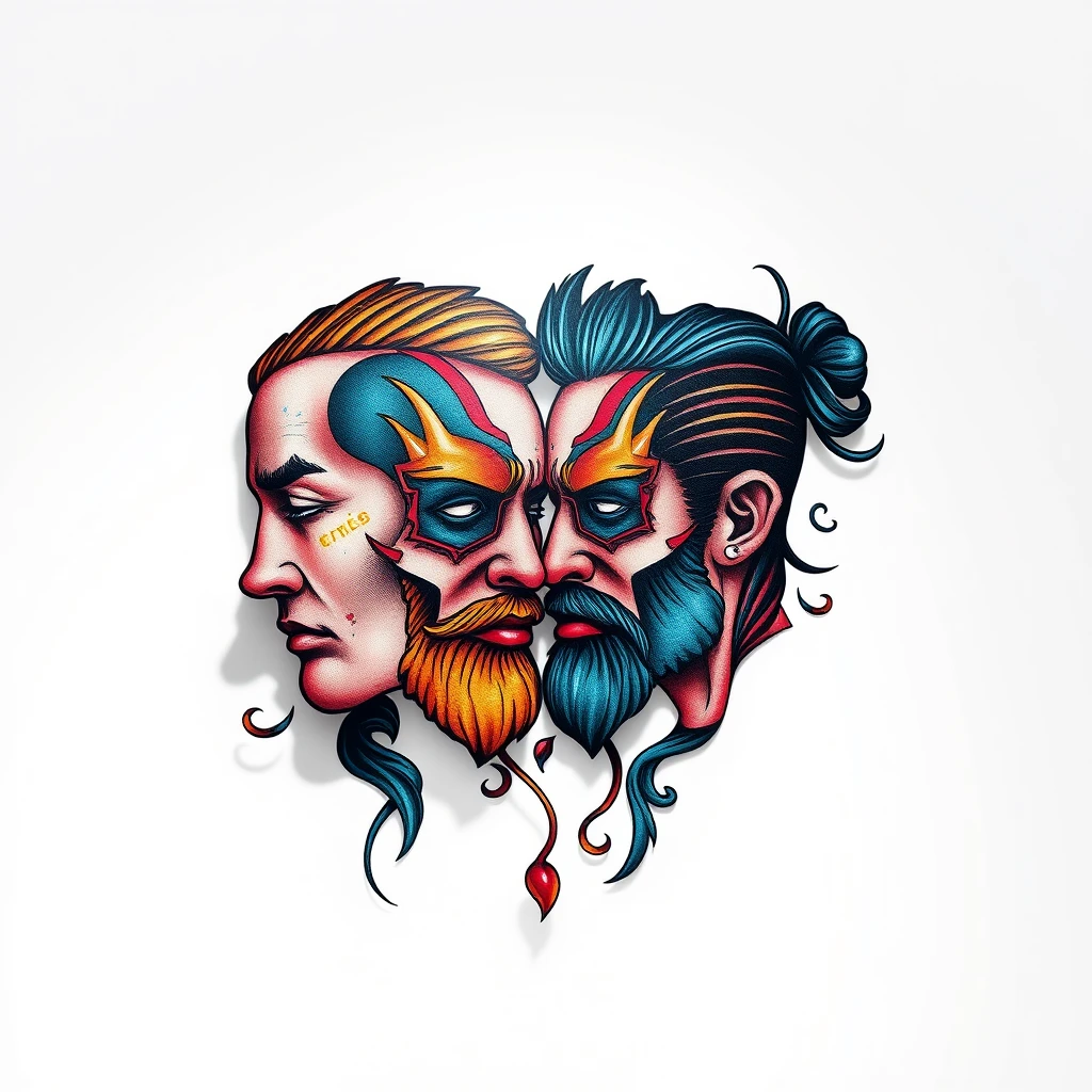 Vibrant Doppelganger tattoo of two faces