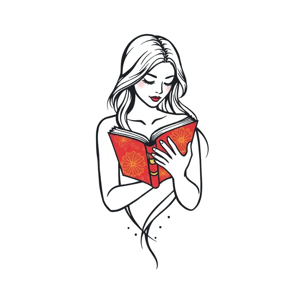 Tattoo of a woman holding a book, colorful minimalist design