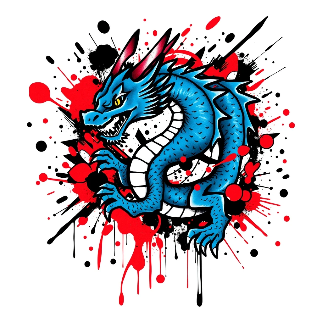 Tattoo design of a colorful blue dragon in Trash Polka style