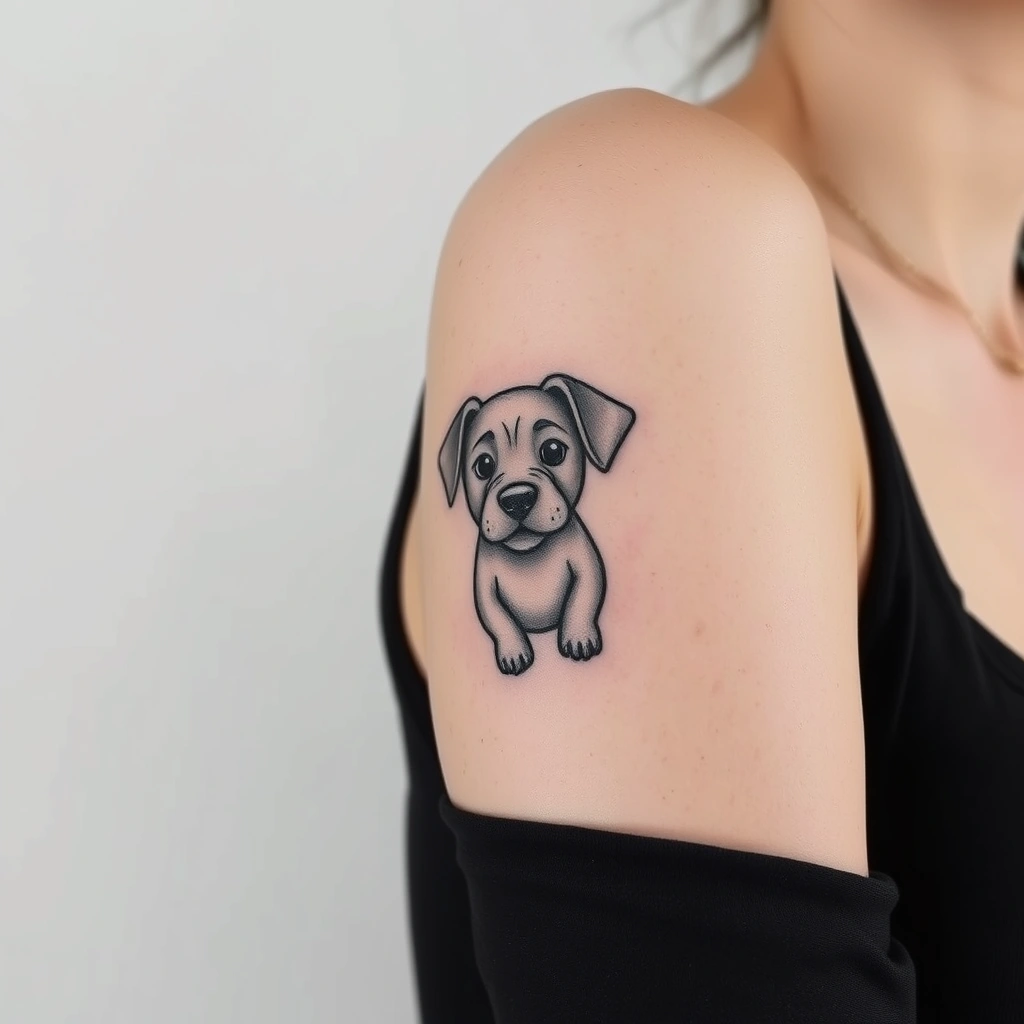 Minimalist cute dog tattoo in black and white on women's arm