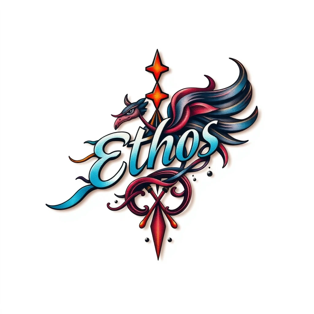 Colorful Ethos tattoo with stylized bird