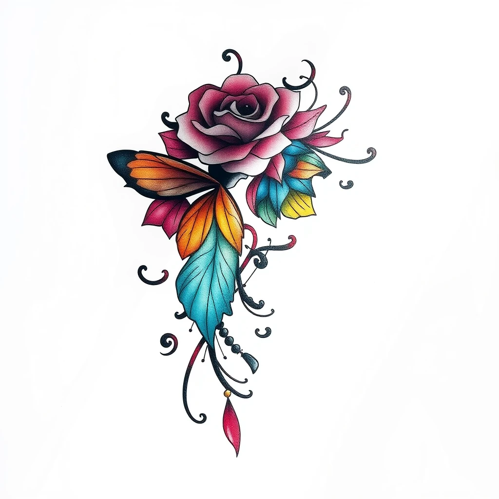 Colorful Serendipity tattoo with rose and butterfly