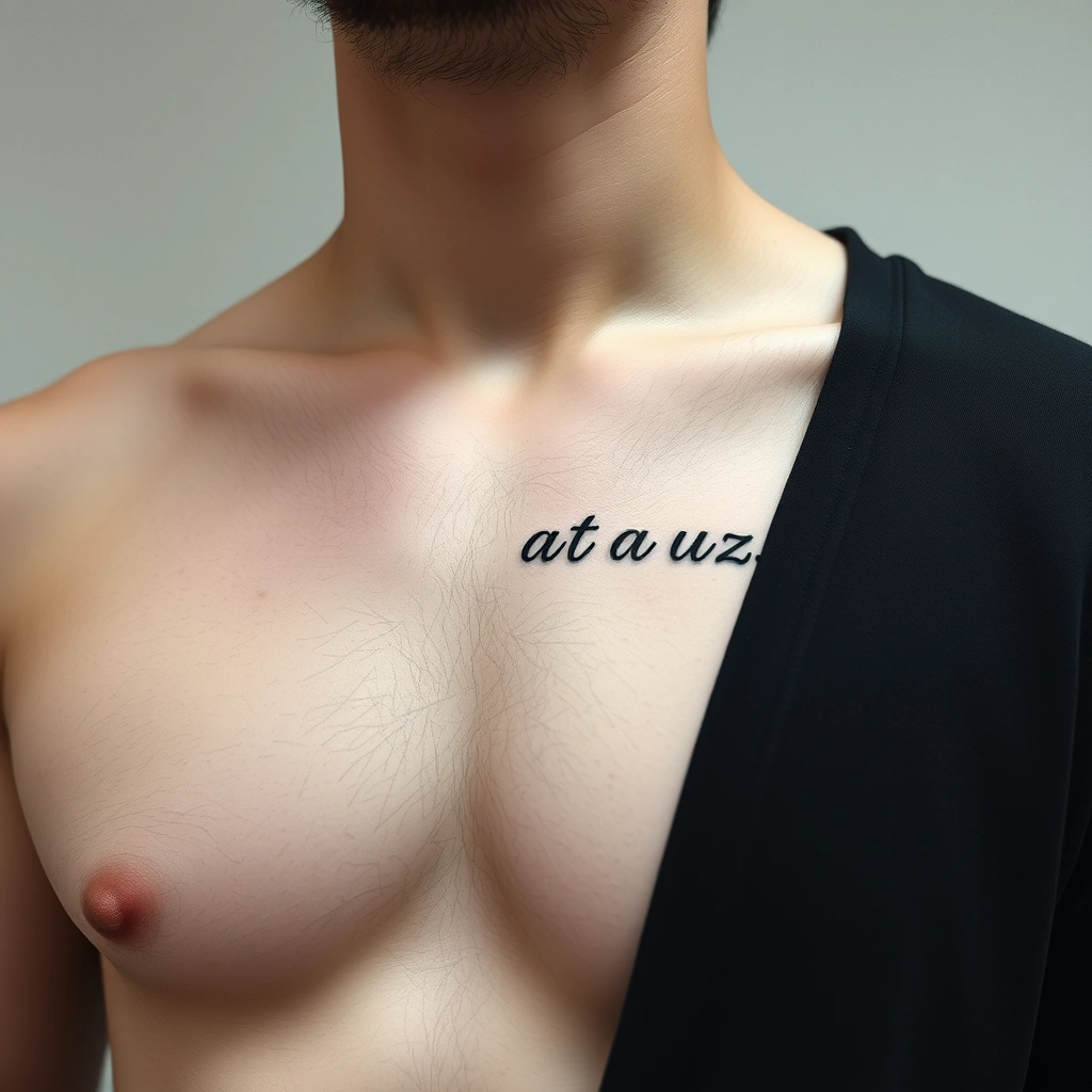 Tattoo 'T a t a t u z' Minimalist style, Black and white on Men's Chest.