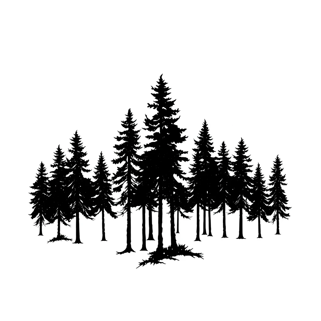 Negative Space style tattoo of pine trees